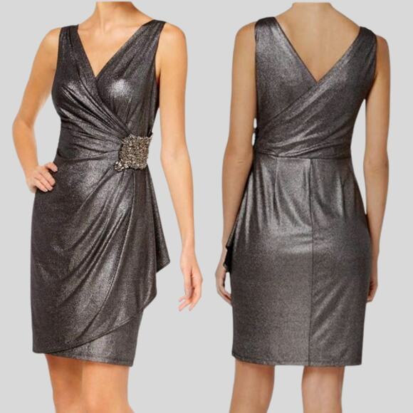 CALVIN KLEINWomen's Faux Wrap Cocktail Dress Metallic Black Size 4